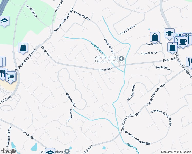 map of restaurants, bars, coffee shops, grocery stores, and more near 1001 Slash Pine Court in Lawrenceville