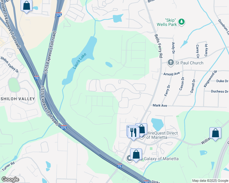 map of restaurants, bars, coffee shops, grocery stores, and more near Riders Tr Northeast in Marietta