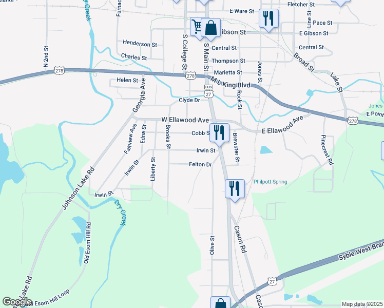 map of restaurants, bars, coffee shops, grocery stores, and more near 149 Irwin Street in Cedartown