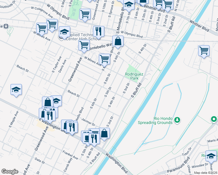 map of restaurants, bars, coffee shops, grocery stores, and more near 649 South 5th Street in Montebello