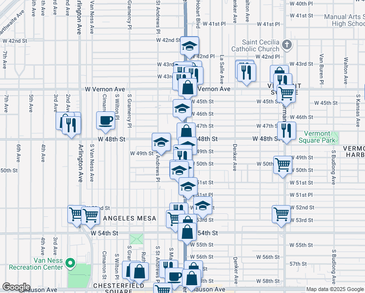 map of restaurants, bars, coffee shops, grocery stores, and more near 1708 West 49th Street in Los Angeles