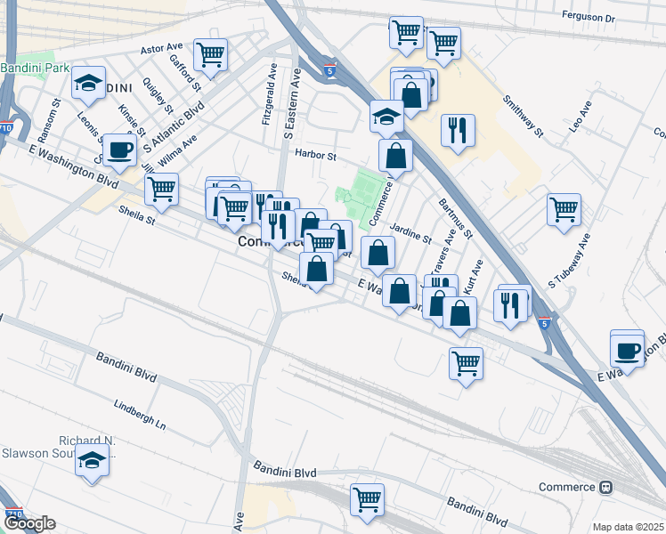 map of restaurants, bars, coffee shops, grocery stores, and more near 5670 East Washington Boulevard in Commerce