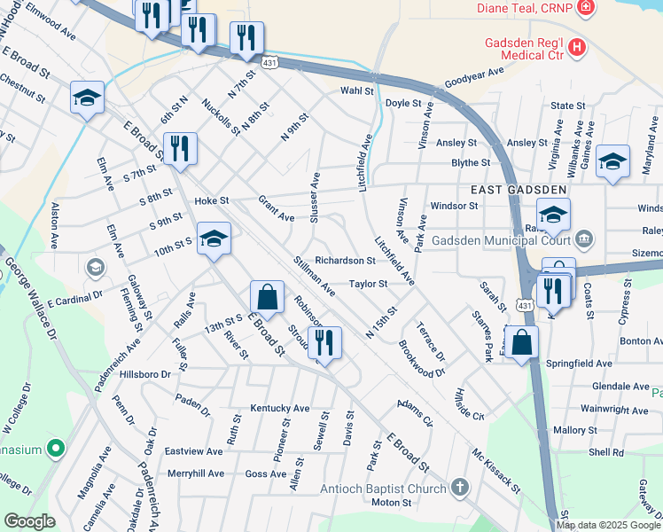 map of restaurants, bars, coffee shops, grocery stores, and more near 326 Taylor Street in Gadsden