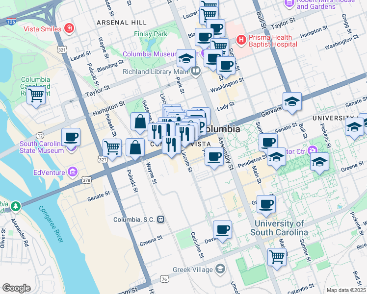 map of restaurants, bars, coffee shops, grocery stores, and more near 1120 Lincoln Street in Columbia