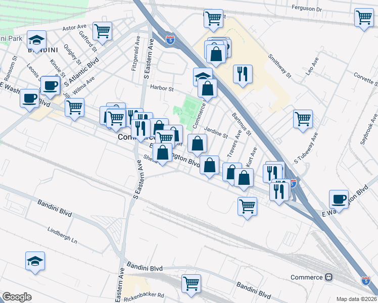 map of restaurants, bars, coffee shops, grocery stores, and more near 5700 Jillson Street in Commerce
