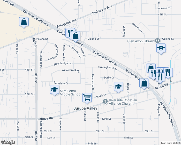 map of restaurants, bars, coffee shops, grocery stores, and more near 4887 Newcastle Street in Riverside