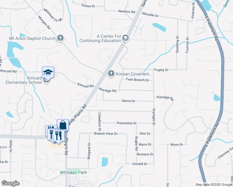 map of restaurants, bars, coffee shops, grocery stores, and more near 1731 Sierra Drive in Marietta