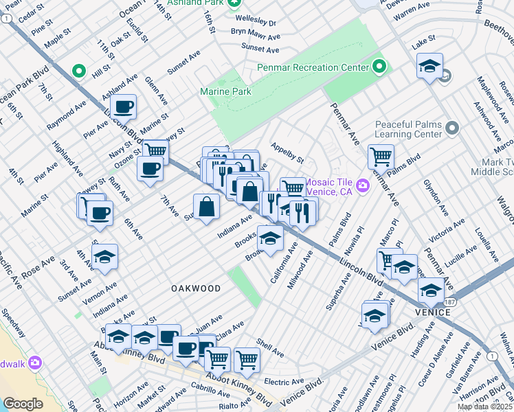 map of restaurants, bars, coffee shops, grocery stores, and more near 707 Lincoln Boulevard in Los Angeles