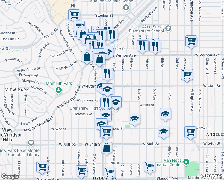map of restaurants, bars, coffee shops, grocery stores, and more near 4813 11th Avenue in Los Angeles