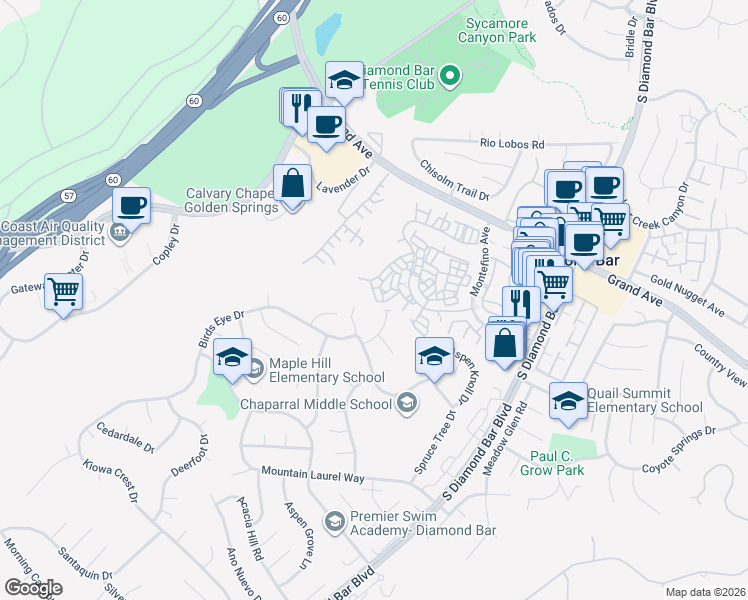 map of restaurants, bars, coffee shops, grocery stores, and more near 22613 Ironbark Drive in Diamond Bar