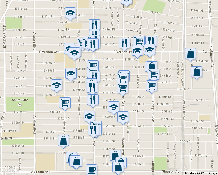 map of restaurants, bars, coffee shops, grocery stores, and more near 1192 East 48th Street in Los Angeles