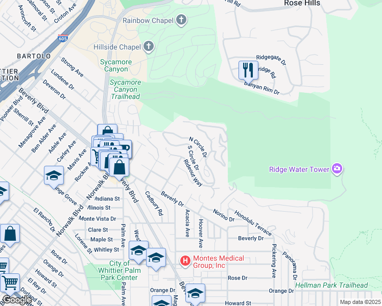 map of restaurants, bars, coffee shops, grocery stores, and more near 11759 South Circle Drive in Whittier