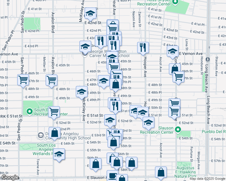 map of restaurants, bars, coffee shops, grocery stores, and more near 4827 South Central Avenue in Los Angeles