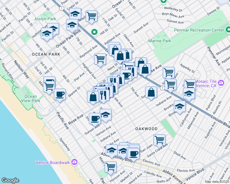 map of restaurants, bars, coffee shops, grocery stores, and more near 604 Rose Avenue in Los Angeles