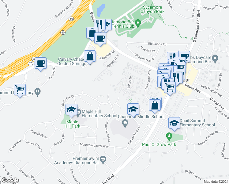 map of restaurants, bars, coffee shops, grocery stores, and more near 1310 Albariza Place in Diamond Bar