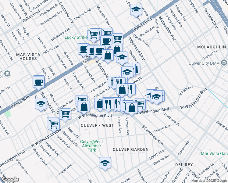 map of restaurants, bars, coffee shops, grocery stores, and more near 12403 Washington Place in Los Angeles