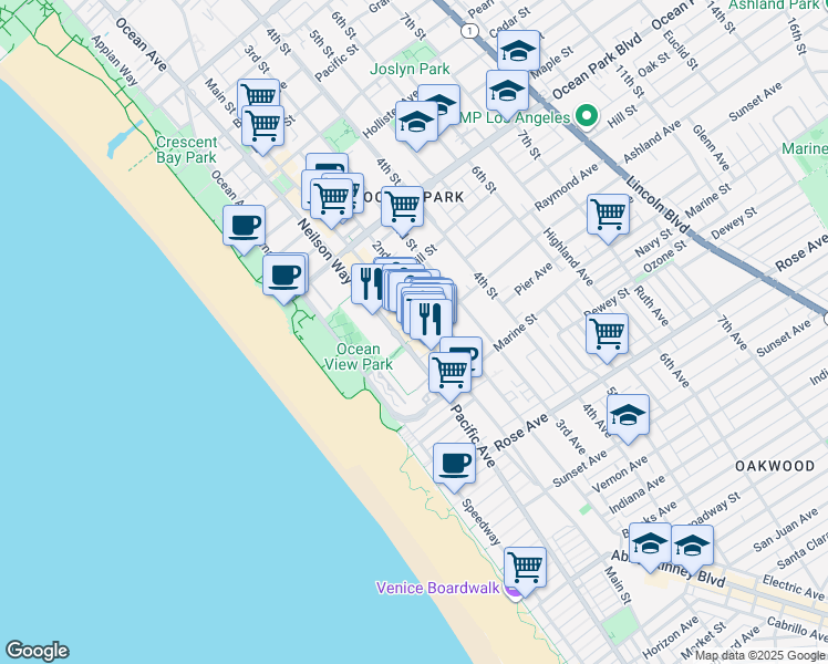 map of restaurants, bars, coffee shops, grocery stores, and more near 2826 Main Street in Santa Monica