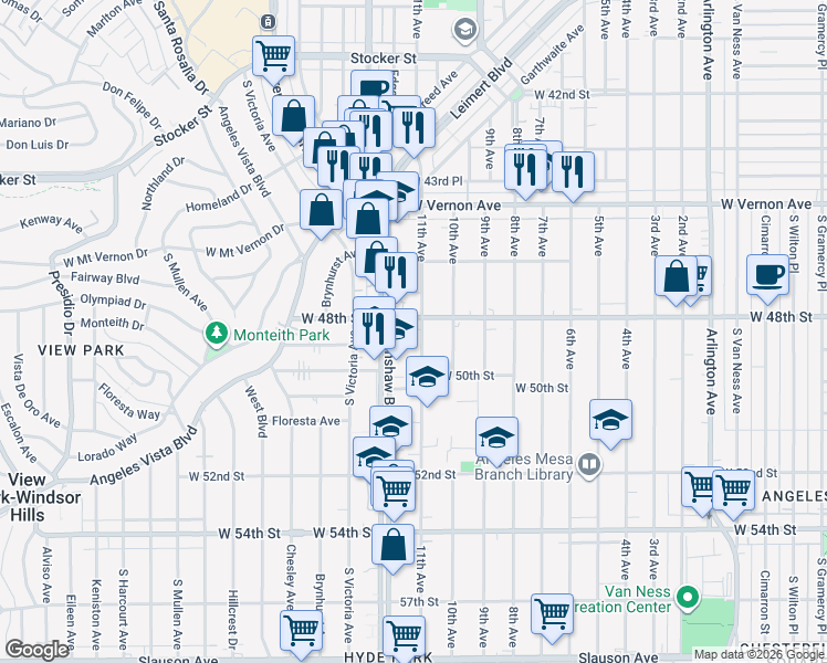 map of restaurants, bars, coffee shops, grocery stores, and more near 4813 11th Avenue in Los Angeles