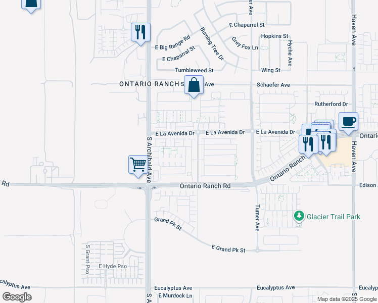 map of restaurants, bars, coffee shops, grocery stores, and more near 4040 South Bowery Place in Ontario