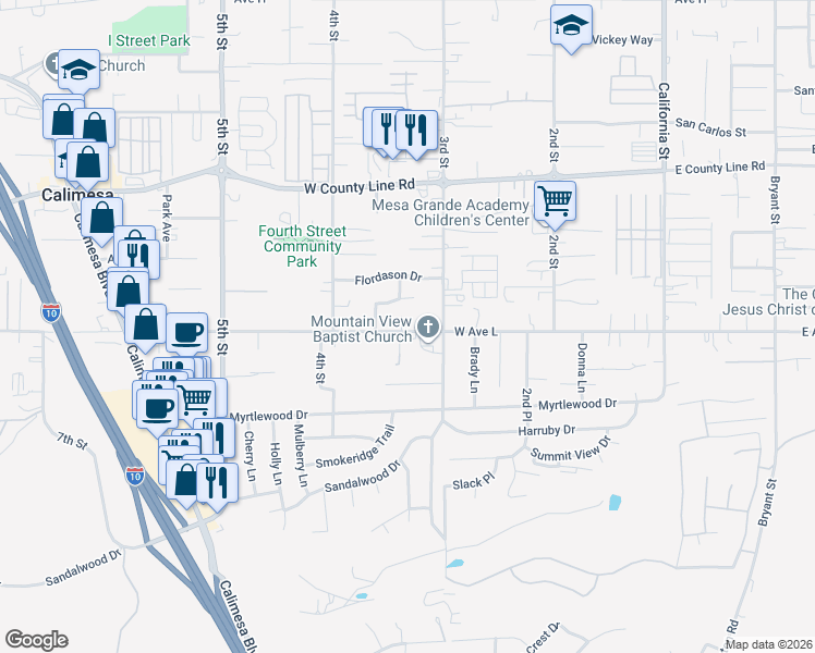 map of restaurants, bars, coffee shops, grocery stores, and more near 340 West Avenue L in Calimesa