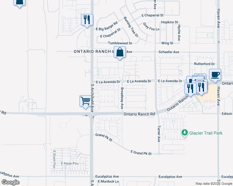 map of restaurants, bars, coffee shops, grocery stores, and more near 4040 South Bowery Place in Ontario