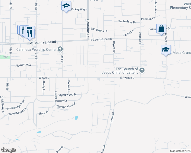 map of restaurants, bars, coffee shops, grocery stores, and more near 127 East Avenue L in Calimesa