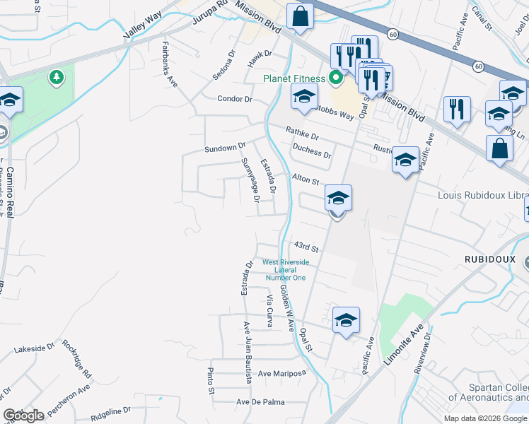 map of restaurants, bars, coffee shops, grocery stores, and more near in Jurupa Valley