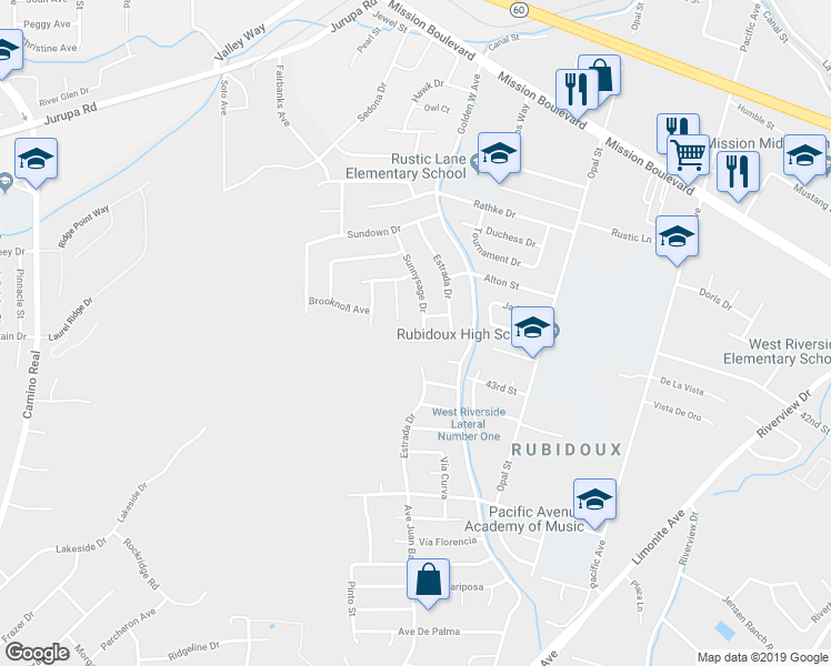 map of restaurants, bars, coffee shops, grocery stores, and more near in Jurupa Valley