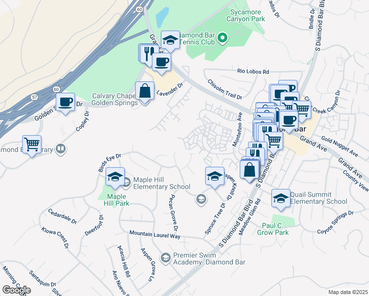 map of restaurants, bars, coffee shops, grocery stores, and more near 22613 Ironbark Drive in Diamond Bar
