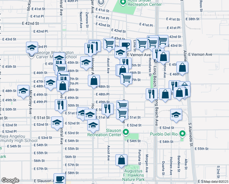 map of restaurants, bars, coffee shops, grocery stores, and more near 1414 East 48th Place in Los Angeles