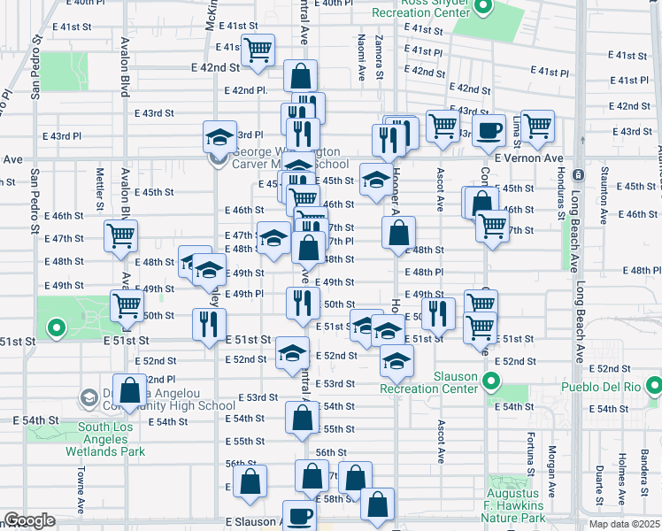 map of restaurants, bars, coffee shops, grocery stores, and more near 1143 East 49th Street in Los Angeles