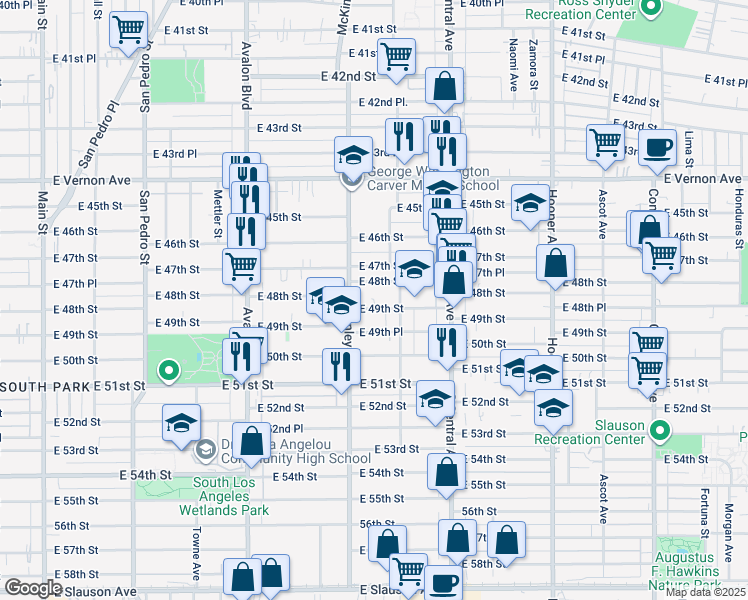 map of restaurants, bars, coffee shops, grocery stores, and more near 890 East 49th Street in Los Angeles