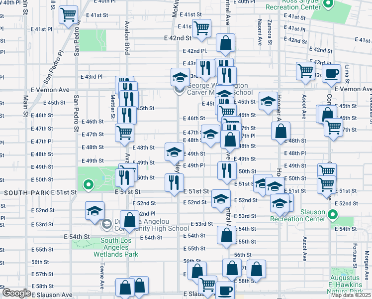 map of restaurants, bars, coffee shops, grocery stores, and more near 890 East 49th Street in Los Angeles