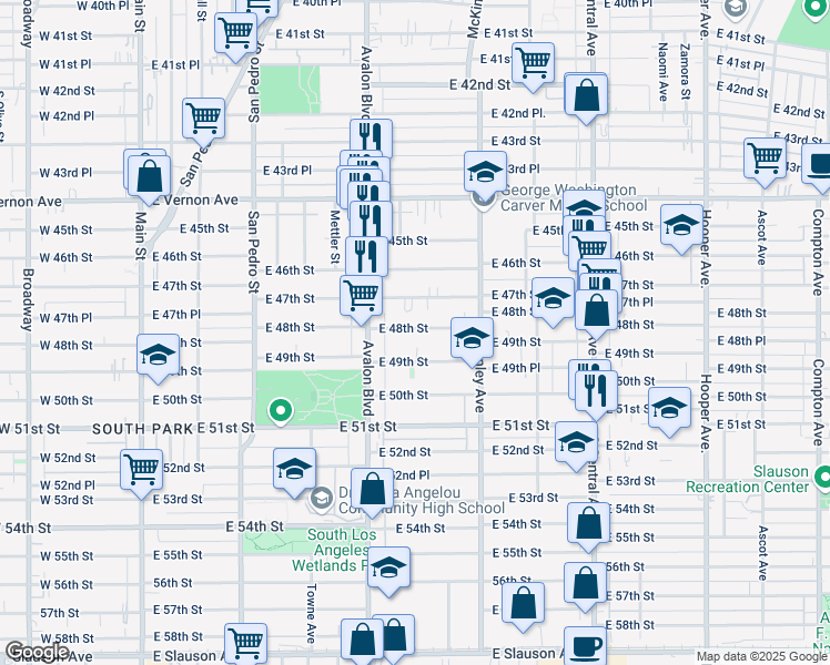 map of restaurants, bars, coffee shops, grocery stores, and more near 695 East 49th Street in Los Angeles