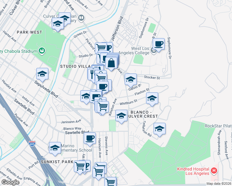 map of restaurants, bars, coffee shops, grocery stores, and more near 10889 Flaxton Street in Culver City