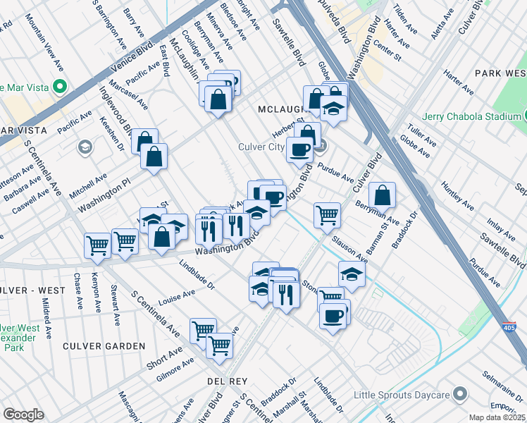 map of restaurants, bars, coffee shops, grocery stores, and more near 11791 Washington Boulevard in Los Angeles