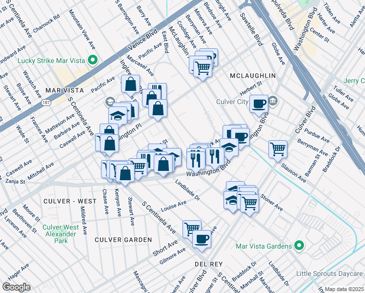 map of restaurants, bars, coffee shops, grocery stores, and more near 12002 Sylvester Street in Los Angeles