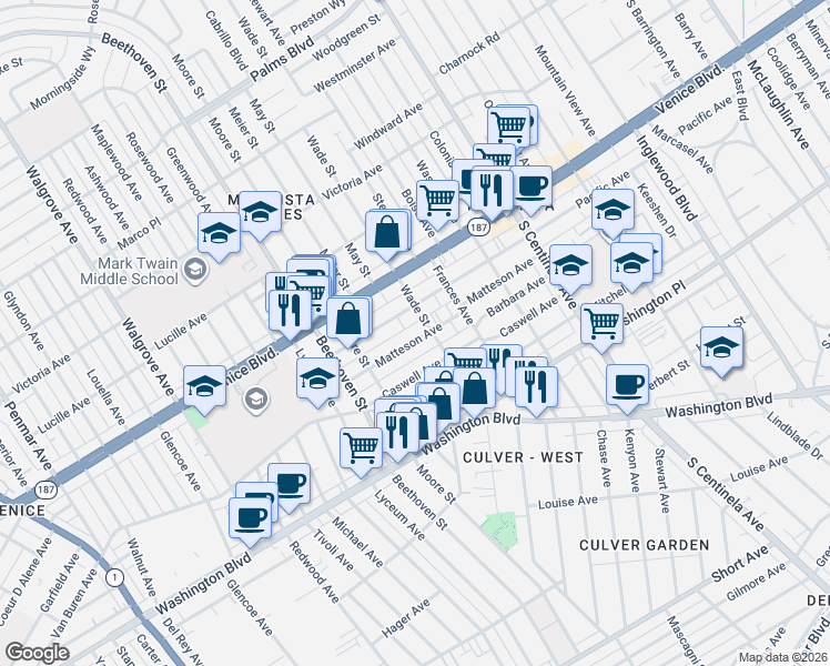 map of restaurants, bars, coffee shops, grocery stores, and more near 12720 Matteson Avenue in Los Angeles