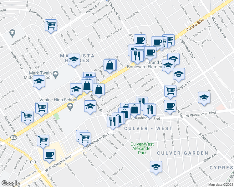 map of restaurants, bars, coffee shops, grocery stores, and more near 12720 Matteson Avenue in Los Angeles