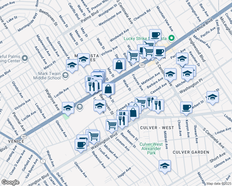 map of restaurants, bars, coffee shops, grocery stores, and more near 12757 Matteson Avenue in Los Angeles