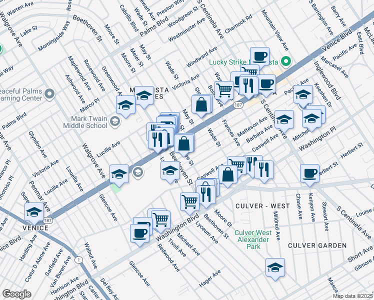 map of restaurants, bars, coffee shops, grocery stores, and more near 12814 Pacific Avenue in Los Angeles