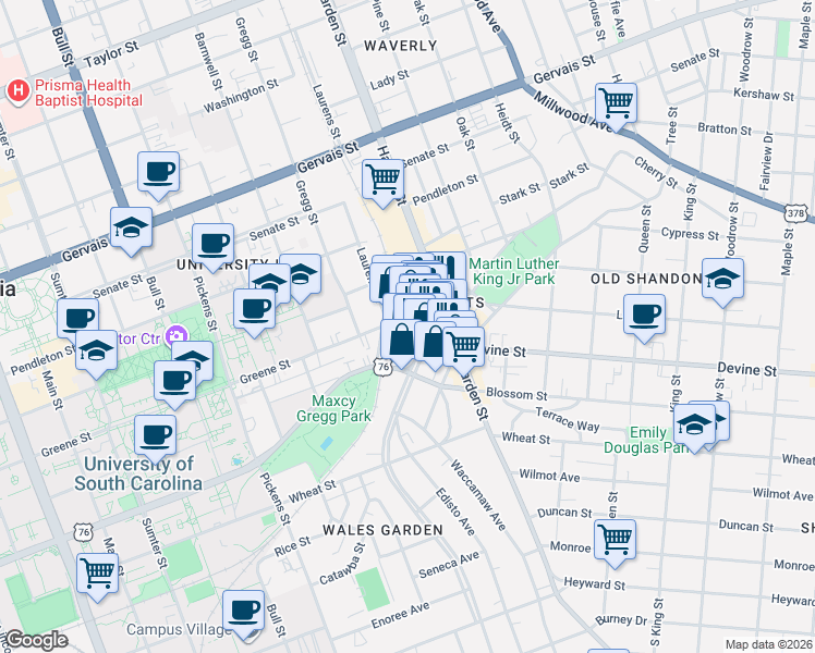 map of restaurants, bars, coffee shops, grocery stores, and more near 709 Saluda Avenue in Columbia