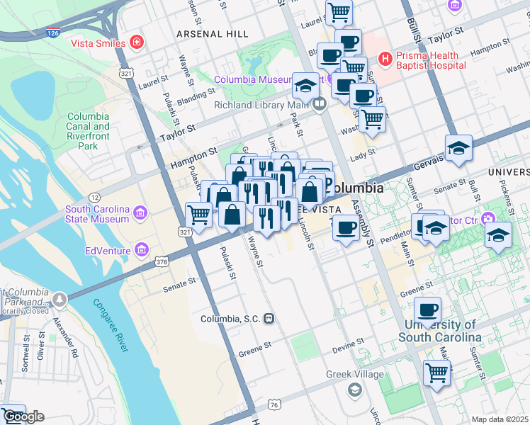 map of restaurants, bars, coffee shops, grocery stores, and more near 704 Gervais Street in Columbia