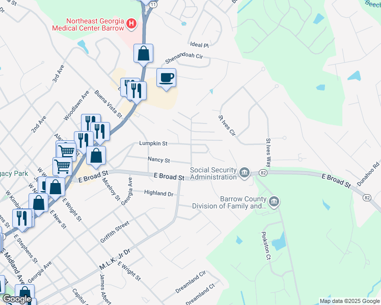 map of restaurants, bars, coffee shops, grocery stores, and more near 332a Nancy Street in Winder