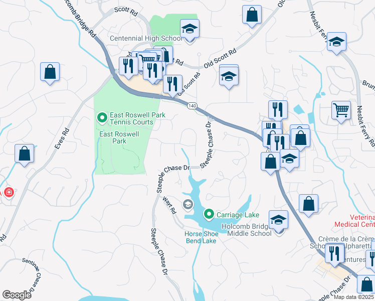 map of restaurants, bars, coffee shops, grocery stores, and more near 2355 Twelvestones Drive in Roswell