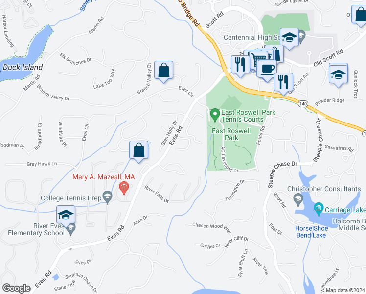 map of restaurants, bars, coffee shops, grocery stores, and more near 9090 Cobbler Court in Roswell
