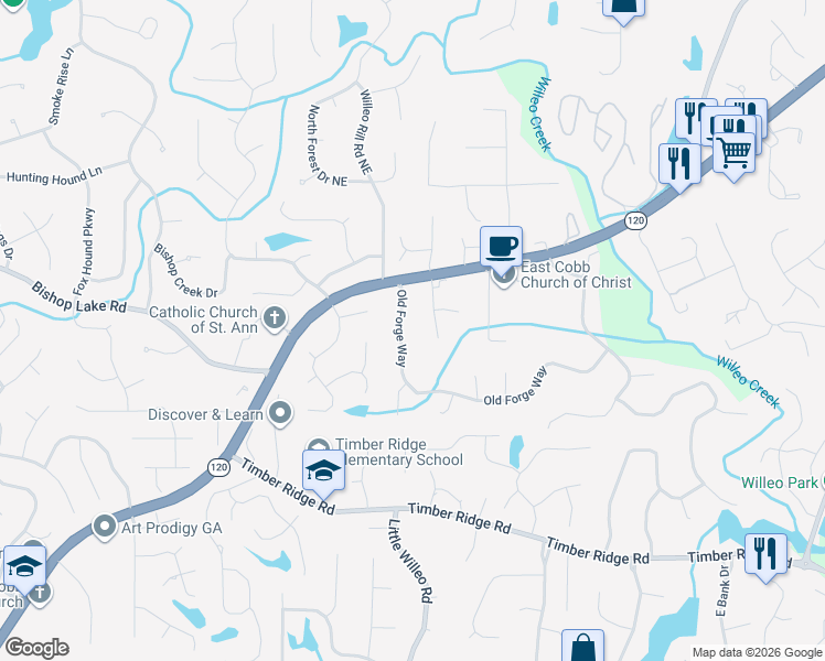 map of restaurants, bars, coffee shops, grocery stores, and more near 2092 Old Forge Way in Marietta