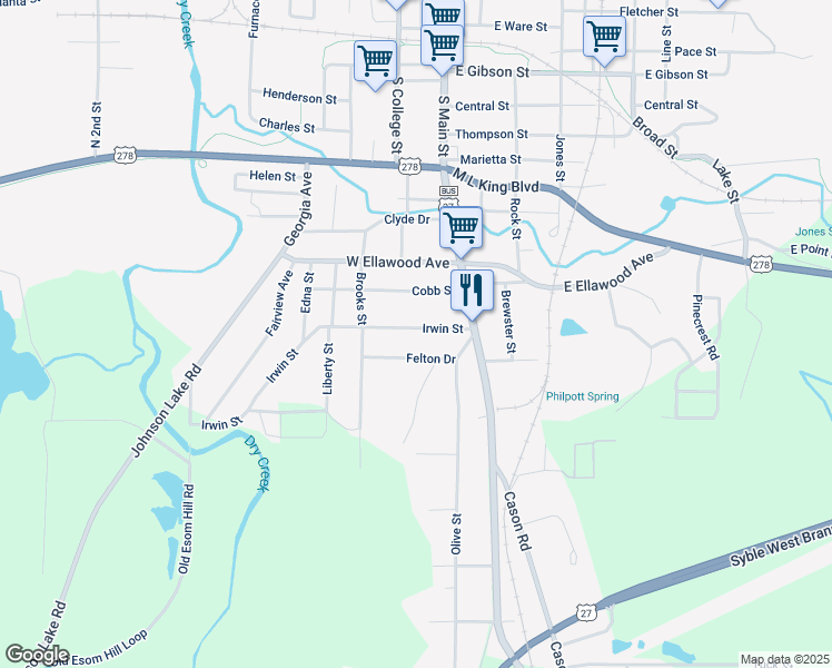 map of restaurants, bars, coffee shops, grocery stores, and more near 149 Irwin Street in Cedartown