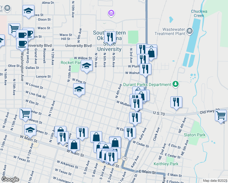 map of restaurants, bars, coffee shops, grocery stores, and more near 416 West Mulberry Street in Durant