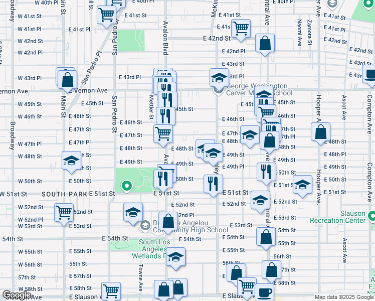 map of restaurants, bars, coffee shops, grocery stores, and more near 695 East 49th Street in Los Angeles